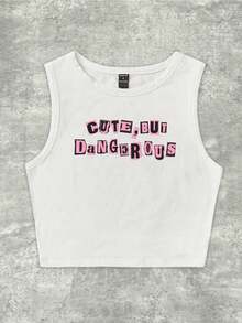 Y2Kool Tartagain 艺术家标语图案露脐可爱背心，可爱又危险，适合夏季，95%纯棉，假日、度假、海滩、外出、音乐节、伊比沙岛风格，适合秋季休闲时尚服装系列，新年穿搭