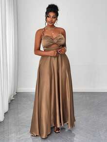 Maweii Plus Size Women Solid Color Ruched Waist Hollow Out Camisole Dress - Mocha Brown - View 3