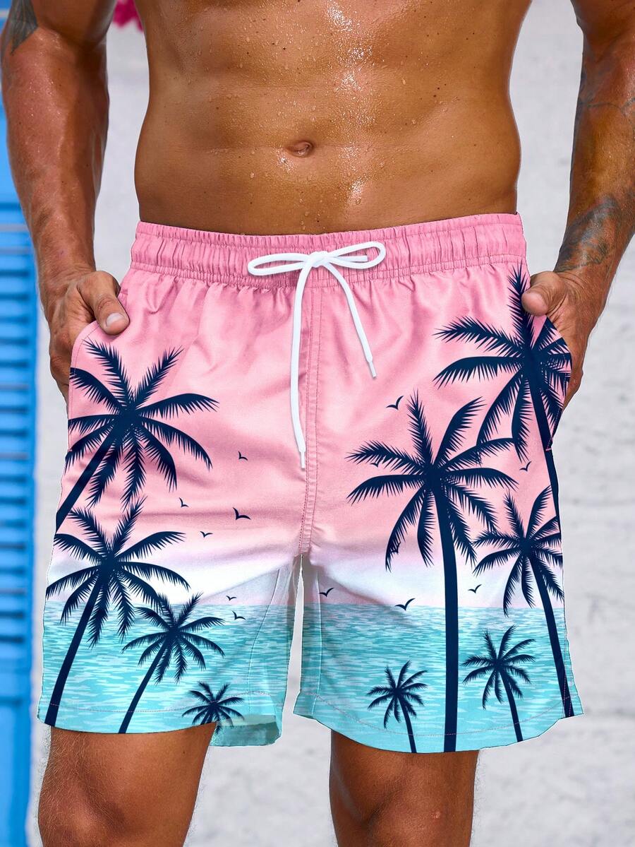 Surfspeed Shorts de playa de verano con cordón y estampado de plantas tropicales para hombre, hawaiano - Rosa - Ver 1