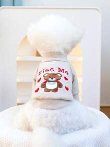 PETSIN 1 件宠物服装，可爱刺绣心形泰迪熊圆领套头衫，猫狗秋冬季保暖打底外套 - 淺咖 - 查看 2