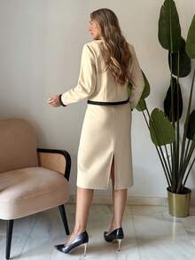 Vivie Lora Women's Contrast Color Patchwork Long Sleeve Jacket And Skirt 2 Pieces Set - Khaki - View 6