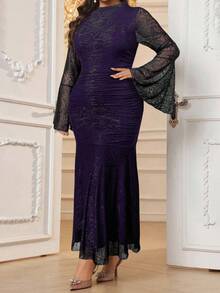 Modelyn 女士加大码优雅纯色提花喇叭袖美人鱼长款晚礼服 - 紫色 - 查看 5