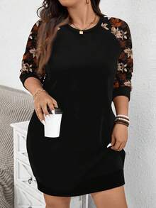 EMERY ROSE Vintage Maple Leaf Print Casual Minimalist Plus Size Women Raglan Sleeve Crew Neck Sweatshirt, Black Long Sweatshirt For Autumn/Winter Plus Size Casual Dress - Multicolor - View 1