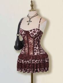 SHEIN ICON Women Brown Leopard Print Bustier Crop Top & Layered Lace Ruffle Mini Dress,Elegant Dresses For Party