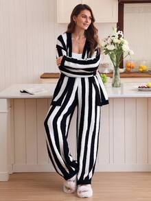 Louniche 女士休闲条纹针织睡衣套装（两件套），秋冬款 - 黑與白 - 查看 3