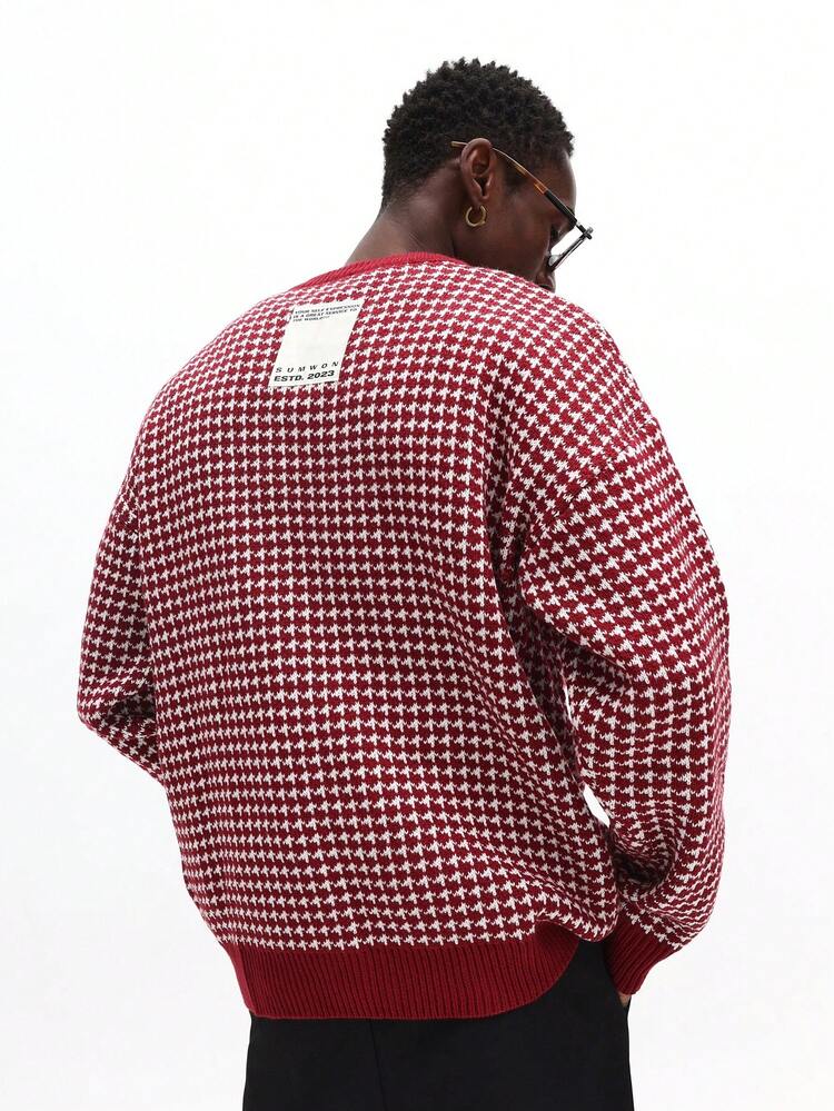 Houndstooth Knit Sweater With Ribbed Trim