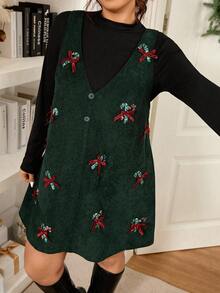 Lounesse 2pcs/Set Plus Size Women's Christmas Sequin Bow Decor Long Sleeve T-Shirt Dress - Dark Green - View 7