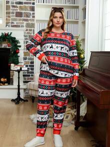 SHEIN Doze Lane Bộ đồ ngủ tay dài cổ tròn in họa tiết chủ đề Giáng sinh dành cho phụ nữ ngoại cỡ, trang phục ấm áp, quần áo thu đông - Nhiều màu - Xem 5
