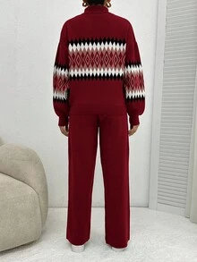 EURMUSE Women's Geometric Pattern High Neck Sweater 2pcs/Set - Burgundy - View 2