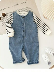 SHEIN Baby Girl Striped Crew Neck Sweatshirt And Washed Denim Jumpsuit Set
