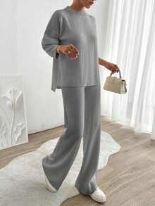 EURMUSE Women Solid Color Rib Knit Sweater & Sweater Pants Set - Grey - View 5