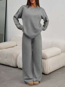 EURMUSE Women Round Neck Rib Knitted Sweater And Sweater Pant 2pcs Sets Co-Ord - Grey - View 8