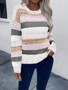 EMERY ROSE Women's Casual Everyday Contrast Color Round Neck Raglan Sweater, Autumn/Winter Fall Cloth For Women Fall Sweater Knit Sweater Pullover For Women Women Sweater Striped Sweater - Multicolor - View 4