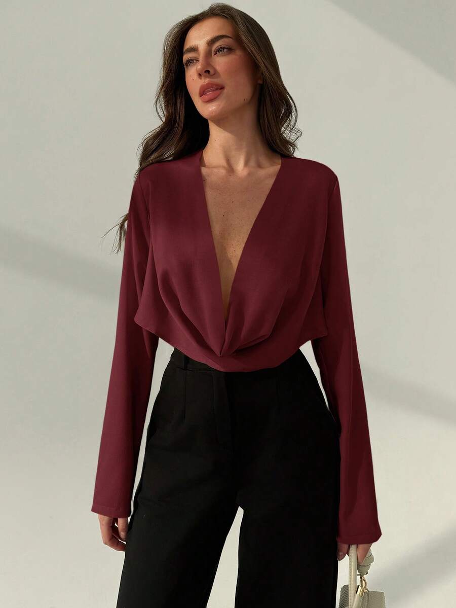 Aloruh 性感深垂领长袖修身女式衬衫，适合办公室和户外穿着 - 酒紅色 - 查看 1
