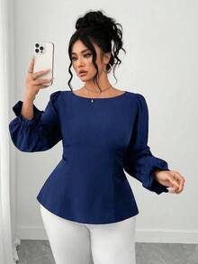 Elenzga 大码女式纯色泡泡袖蝴蝶结露背优雅休闲衬衫，夏季 - 藏蓝色 - 查看 2