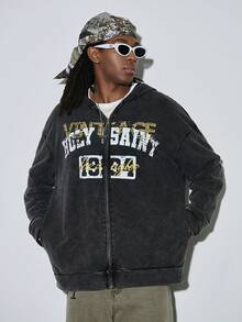 Modcrash Men's Letter & Graphic Printed Zip-Up Hoodie, Spring/Fall - Black - View 2