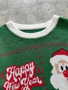 AXEPEAK 男士圣诞老人图案圆领落肩长袖休闲毛衣，秋冬 - 綠色 - 查看 5