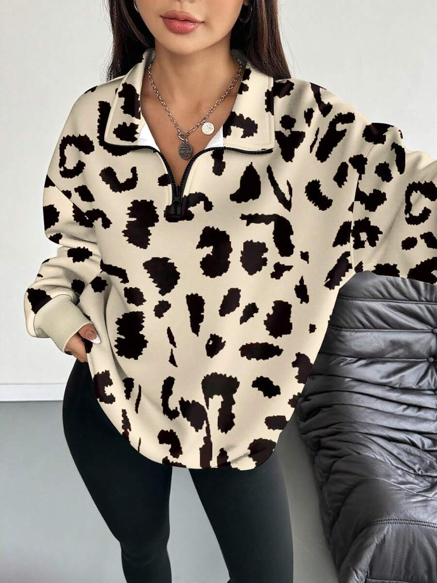 INAWLY Áo nỉ nữ/Áo thể thao cổ tròn cổ tròn tay dài thường ngày có khóa kéo nửa thân/Áo chui đầu in họa tiết da báo toàn thân cổ tròn tay dài thường ngày Áo len giả/In kỹ thuật số/Áo nỉ thời trang đơn giản thường ngày/Áo thể thao ve lật thường ngày cho nữ/Mùa thu/Mùa đông - Nhiều màu - Xem 1