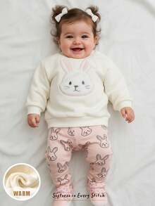 Cozy Pixies Newborn Baby Girl Cartoon Rabbit Pattern Knitted Soft Crew Neck Long Sleeve Hoodie & Elastic Waist Long Pants 2-Piece Set - Pink - View 1