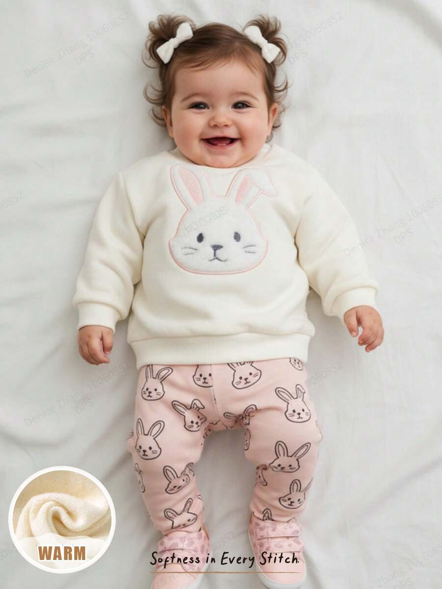 Cozy Pixies Newborn Baby Girl Cartoon Rabbit Pattern Knitted Soft Crew Neck Long Sleeve Hoodie & Elastic Waist Long Pants 2-Piece Set - Pink - View 1