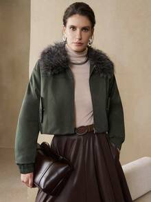 EMERY ROSE Women's Short Quilted Detachable Fur Collar Design Slanted Pockets Daily Commuting Cotton Jacket Winter Daily Commuting Autumn Jacket - Army Green - View 5