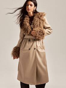 Easelle 风衣卡其色拼接皮草长款毛领秋冬复古 - 卡其色 - 查看 10