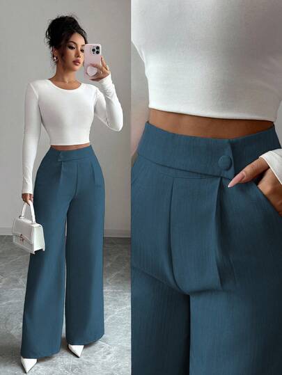 Elenzga Pantalones rectos sueltos y fluidos de tela de bambú rosa con diseño de botón decorativo en la cintura, elegante uniforme profesional casual de maestro, esencial versátil para Acción de Gracias y Halloween