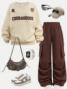 SHEIN Girlism 少女英文图案印花圆领运动衫和工装口袋裤休闲装 - 棕色 - 查看 1