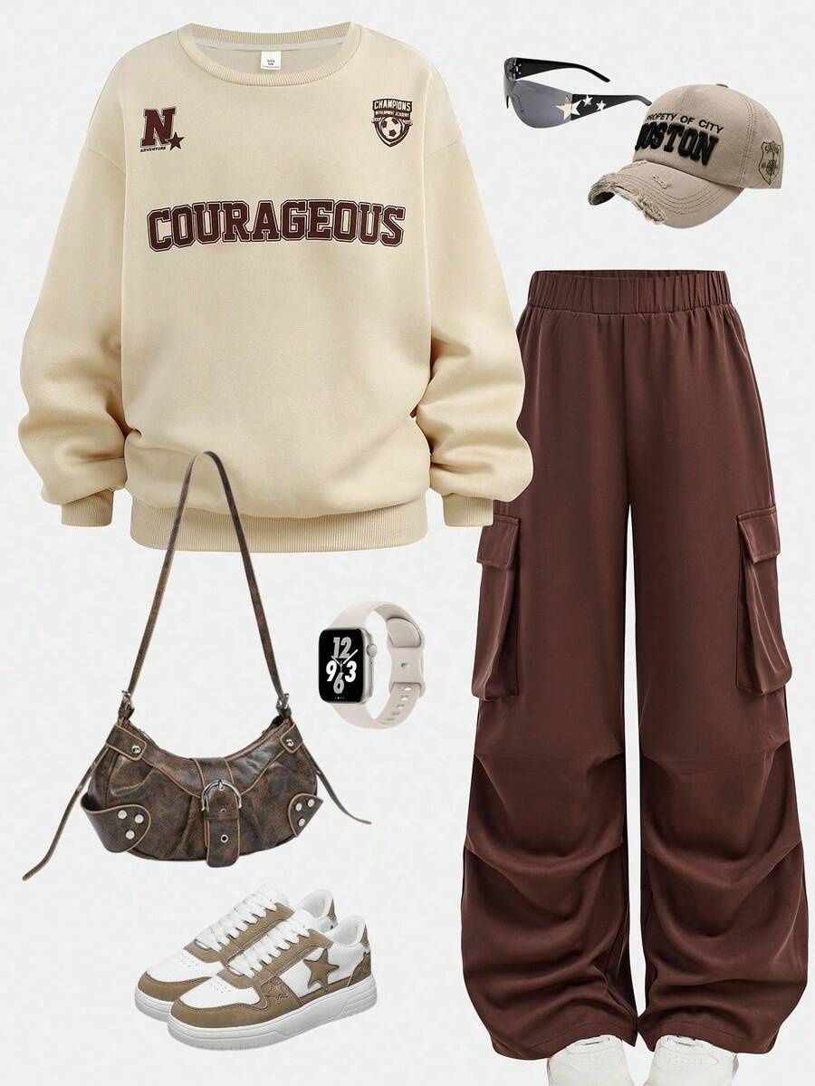 SHEIN Girlism 少女英文图案印花圆领运动衫和工装口袋裤休闲装 - 棕色 - 查看 1