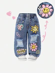 SHEIN Baby Girl Floral Print Distressed Pocket Casual Jeans - Medium Wash - View 3