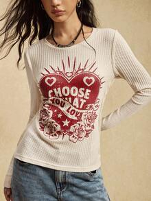 Easelle 女式标语和心形印花圆领长袖休闲T恤