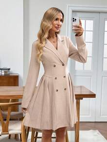 SHEIN LUNE Vestido midi de manga larga con cuello casual y unicolor minimalista para mujer - Caqui - Ver 1