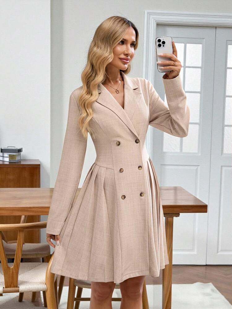 Women's Solid Color Minimalist Casual Collared Long Sleeve Midi Dress  Blazer Dress For Women Beige Dresses Women Button Dress Long Sleeve Elegant Dress French Style Dress  Elegant Dresses For Women  One-Piece Dress Ladies Autumn Winter  Elegant Dresses For Women   Elegant Party Dresses For Women Women Dresses Autumn Winter