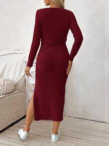 SHEIN 2025 Autumn/Winter New Maternity 2 Pieces Set, Jacket Paired With Long Dress, High Stretch Knit Maternity Outfit - Burgundy - View 2