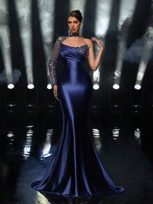 Glamrae Elegante y glamoroso vestido de noche formal para mujer con cuello mao, mangas asimétricas, plisado y dobladillo de cola de pez, confeccionado en satén elástico con bordados y lentejuelas - Azul - Ver 7