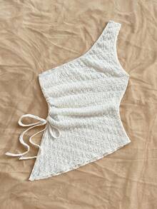 Soleia 女士夏季度假米色针织提花纹理单肩修身下摆开衩抽绳褶饰吊带背心，适合派对、约会、情人节、复活节、狂欢节、下午茶、海滩、游轮、城市街头度假 - 白色 - 查看 2