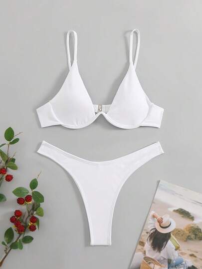 SHEIN Swim أحادية اللون طقم بيكيني حلقة فولاذي حمالة صدر & قص عالي لباس قيعان 2قطع بدلة سباحة