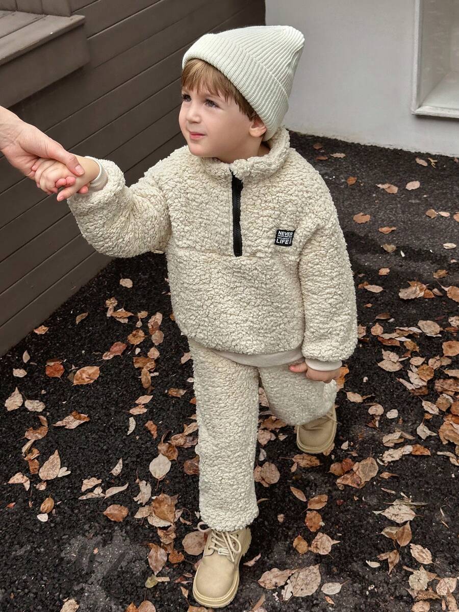 2 件套年轻男孩毛绒服装，浅米色毛绒运动衫，半拉链领，配套毛绒慢跑裤，柔软可爱风格，适合休闲穿着，秋冬 - 米色 - 查看 1
