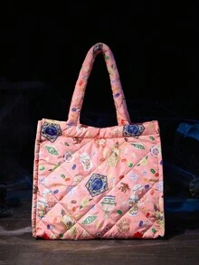 HARRY POTTER X SHEIN Túi Tote Họa Tiết Chần Bông, Túi Đeo Vai Y2K Màu Pastel Mềm Mại Dùng Đi Học & Hàng Ngày, Túi Xách Tay Cỡ Lớn Dễ Thương Thường Ngày - Hồng - Xem 5