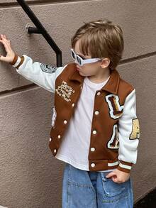 SHEIN 1pc Young Boy Streetwear Casual Jacket, With Stand Collar, White Sleeve Contrast Brown Body, Flocked Patch Decor, Rib Cuff & Hem,  Warm, Suitable For Daily Wear, Sports, School, Travel - Brown - View 1
