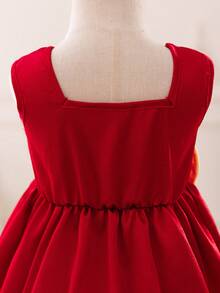 Glamorique Kids 女婴优雅迷人酒红色无袖缎面蝴蝶结腰部喇叭裙摆派对连衣裙 - 紅色 - 查看 4