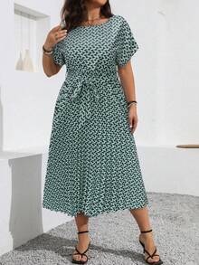 Vionelle 大码夏季休闲全身印花蝙蝠袖连衣裙，带褶边下摆，长款女装 - 綠色 - 查看 6