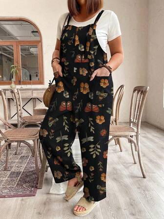 EMERY ROSE Plus Size Botanical Print Minimalist Jumpsuit