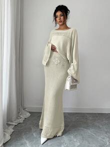 Elenzga Conjunto de 2 piezas de suéter de punto casual y cárdigan con patrón floral calado para mujer, versátil y elegante para salidas, trabajo, escuela y vacaciones - Albaricoque - Ver 5