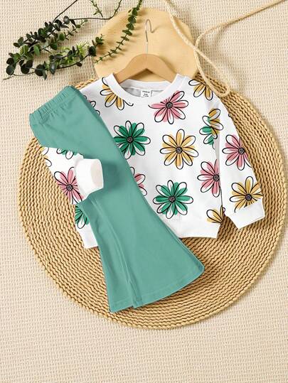 Souflis Souflis 2pcs Infant/Toddler Unisex 0-3Y Elegant Floral Print Crew Neck Long Sleeve Sweatshirt And Solid Color Bell-Bottom Pants Set, Suitable For Autumn/Winter Daily And Outdoor Wear Wildflower Baby Clothes Cute Green Clover Outfits For Baby Girl White And Green Outfit For Baby