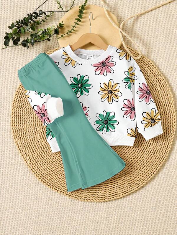 Souflis Souflis 2pcs Infant/Toddler Unisex 0-3Y Elegant Floral Print Crew Neck Long Sleeve Sweatshirt And Solid Color Bell-Bottom Pants Set, Suitable For Autumn/Winter Daily And Outdoor Wear Wildflower Baby Clothes Cute Green Clover Outfits For Baby Girl White And Green Outfit For Baby