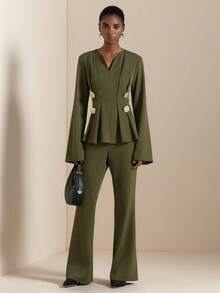 Lyxana Bell Sleeve Shirt & Flared Pants Set With Metal Decor - Army Green - View 5
