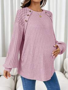 SHEIN Maternity Pink Solid Color Rib Knit Casual Long Sleeve T-Shirt Pullover For Autumn Fall Winter - Baby Pink - View 4