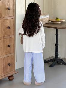 DAZY 2pcs Young Girl Girls Knit Printed Long Sleeve T-Shirt + Woven Striped Pants Loungewear Set, Fall - Blue - View 5