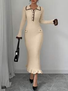 Elenzga 女式优雅喇叭袖修身撞色针织连衣裙 - 淡黃色 - 查看 4